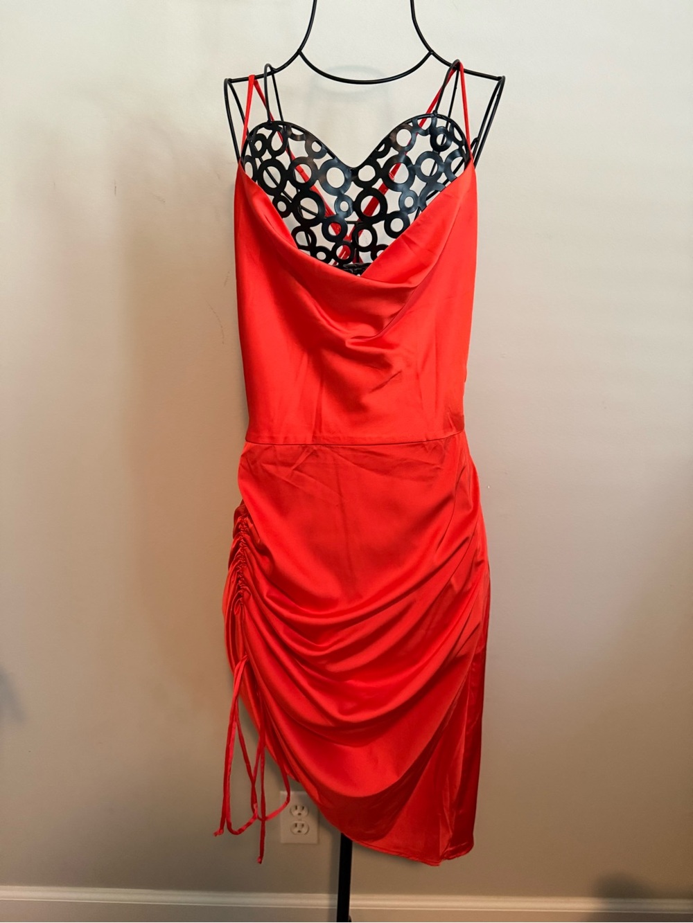 Orange Satin Cowl Neck Ruched Slip Dress